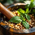 Basilico pestato nel mortaio con pestello