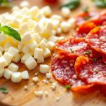 Tagliere con mozzarella a cubetti e salame a fette