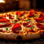 Pizza con mozzarella fusa e salame croccante