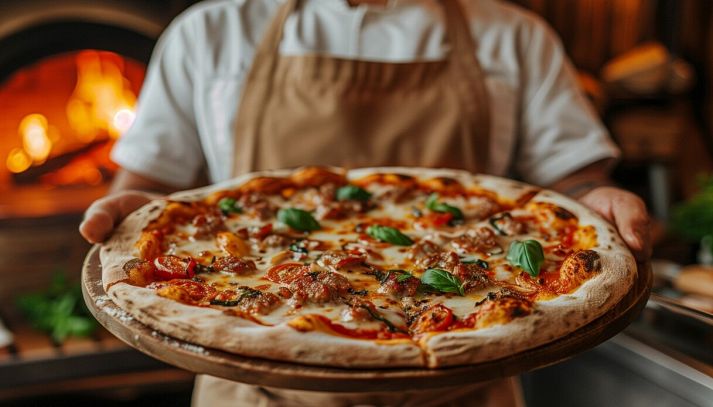 Pizzaiolo con una bellissima pizza tra le mani