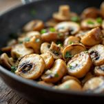 Funghi champignon affettati che cuociono in padella con aglio