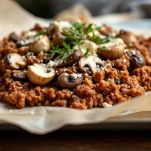 Rettangolo di carne cruda farcito con funghi e formaggio