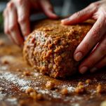 Polpettone crudo modellato con le mani sulla teglia
