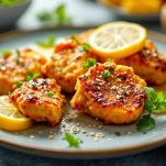 Piatto con pollo al limone decorato con fettine di limone