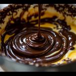 Ciotola con impasto scuro mescolato con spatola