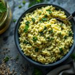 Piatto di risotto verde decorato con basilico