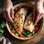 Teglia con pesce crudo pronto per il forno