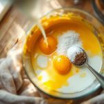 Ciotola con uova, latte e Parmigiano grattugiato