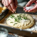 Superficie della focaccia con olio e sale grosso
