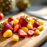 Fragole a metà e ananas a cubetti