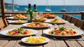 Tavola imbandita con piatti di pesce e vista mare