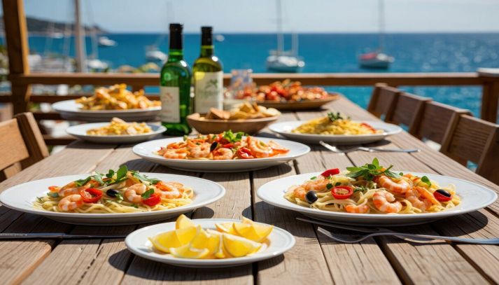Tavola imbandita con piatti di pesce e vista mare