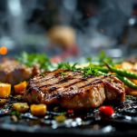 Carne e verdure sulla griglia calda