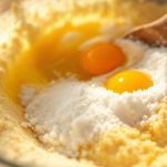 Uova montate con zucchero in ciotola