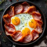 Fette di prosciutto affumicato accanto alle uova