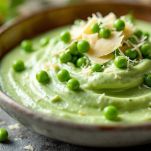 Crema di piselli passata al colino e servita in piatto con Parmigiano grattugiato