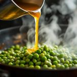 Brodo caldo versato sui piselli in padella durante la cottura a fuoco basso