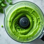 Frullatore che lavora i piselli con aggiunta progressiva di brodo per ottenere una crema liscia