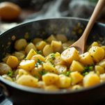 Patate che cuociono insieme al porro in casseruola