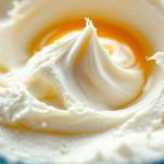 Ciotola con albumi montati mentre vengono uniti alla panna