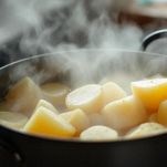 Pentola con patate lessate poi schiacciate fino a ottenere una purea