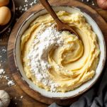 Ciotola con purea di patate mentre si aggiungono farina e altri ingredienti