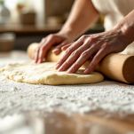 Piano di lavoro con impasto steso e ciambelle formate