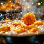 Padella con zeppole che friggono fino a doratura