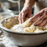 Ciotola con farina mentre viene lavorata con acqua e altri ingredienti