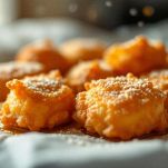 Piatto con zeppole dorate spolverate di zucchero a velo
