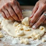 Mani che dividono l’impasto in porzioni irregolari