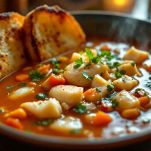 Ciotola con zuppa di pesce calda e profumata