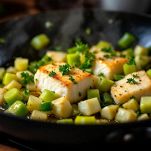 Tegame con cubetti di merluzzo e sedano in cottura