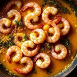 Tegame con gamberetti nel brodo dorato allo zafferano