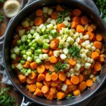 Pentola con sedano, carota, finocchio e cavolo in cottura