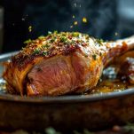 Abbacchio crudo in teglia condito con olio ed erbe.