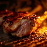 Abbacchio che cuoce in forno nella teglia.