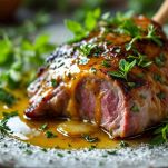 Abbacchio arrosto cosparso con erbe aromatiche.