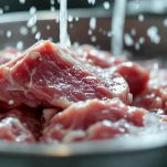 Pezzi di agnello lavati e asciugati.