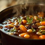 Brodo caldo con vino e spezie in pentola.