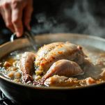 Anatra intera immersa in acqua bollente.