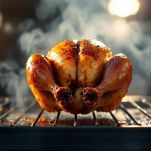 Anatra appesa spennellata con marinata.