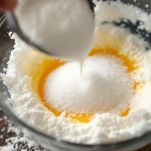 Zucchero aggiunto agli albumi montati nella ciotola.