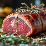 Lonza di maiale condita e legata.