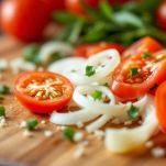 Pomodori e cipolla affettati su tagliere.