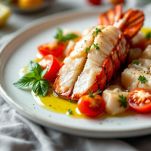 Astice condito con pomodori e olio.