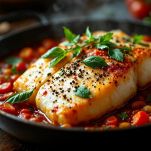 Baccalà con aglio, alloro e pomodoro.