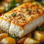 Baccalà con patate pronto da servire.