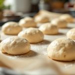 Bignè crudi su teglia rivestita di carta forno.