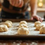 Biscotti disposti su teglia pronti per il forno.